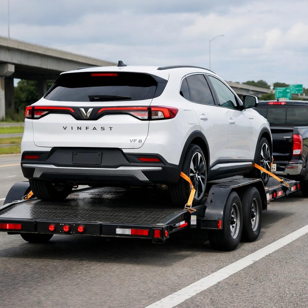VinFast VF8 being towed on a flat bed